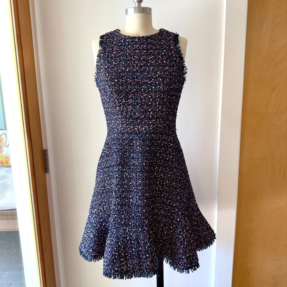 Eliza J Sleeveless Boucle Tweed Fit & Flare Flirty Dress-Navy Blue-Size 4 Petite